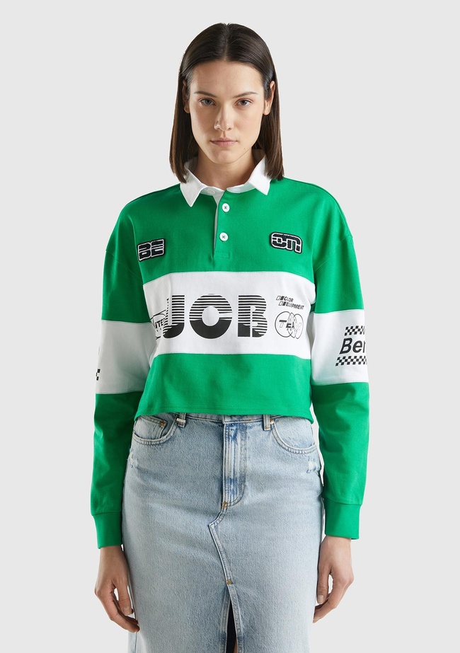  Kadın Yeşil %100 Pamuk Logo Baskılı Renk Bloklu Polo Yaka Crop Sweatshirt