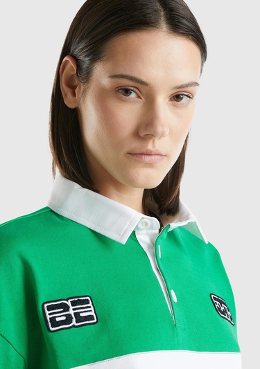  Kadın Yeşil %100 Pamuk Logo Baskılı Renk Bloklu Polo Yaka Crop Sweatshirt