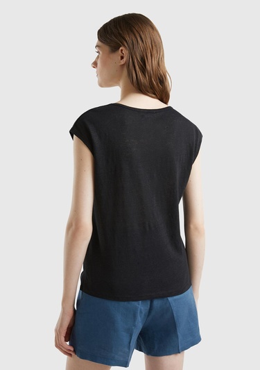  Kadın Siyah %100 Keten Rahat Kalıp Geniş Bisiklet Yaka Kolsuz T-Shirt