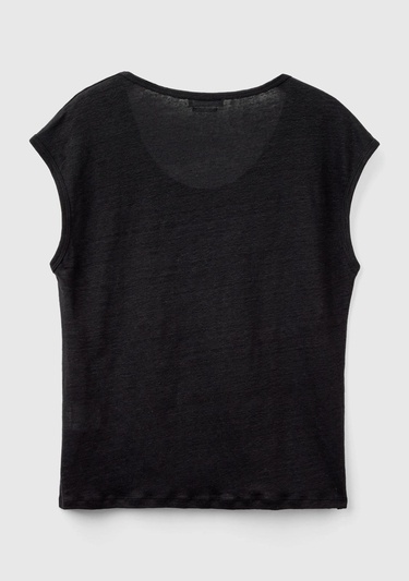  Kadın Siyah %100 Keten Rahat Kalıp Geniş Bisiklet Yaka Kolsuz T-Shirt