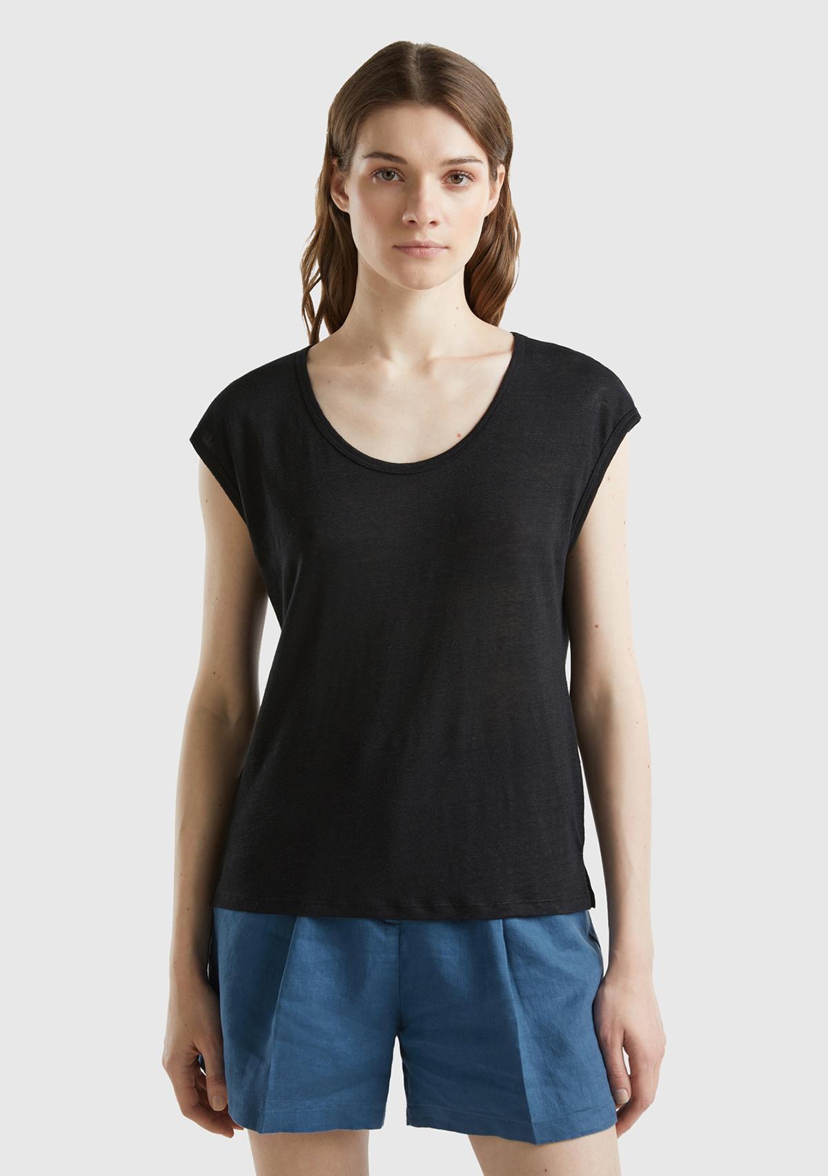  Kadın Siyah %100 Keten Rahat Kalıp Geniş Bisiklet Yaka Kolsuz T-Shirt