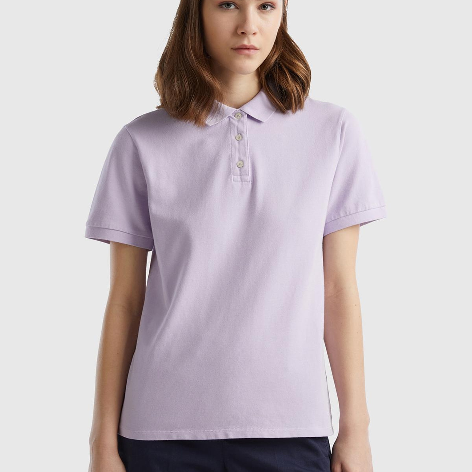 Kadın Lila Streç Pamuklu Sol Altı Logo Baskılı Polo T-Shirt