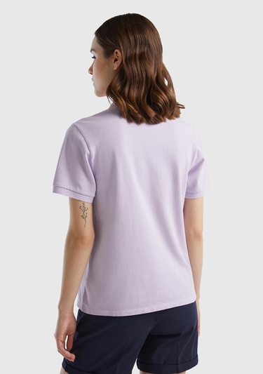  Kadın Lila Streç Pamuklu Sol Altı Logo Baskılı Polo T-Shirt