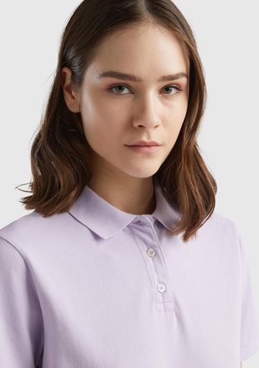  Kadın Lila Streç Pamuklu Sol Altı Logo Baskılı Polo T-Shirt