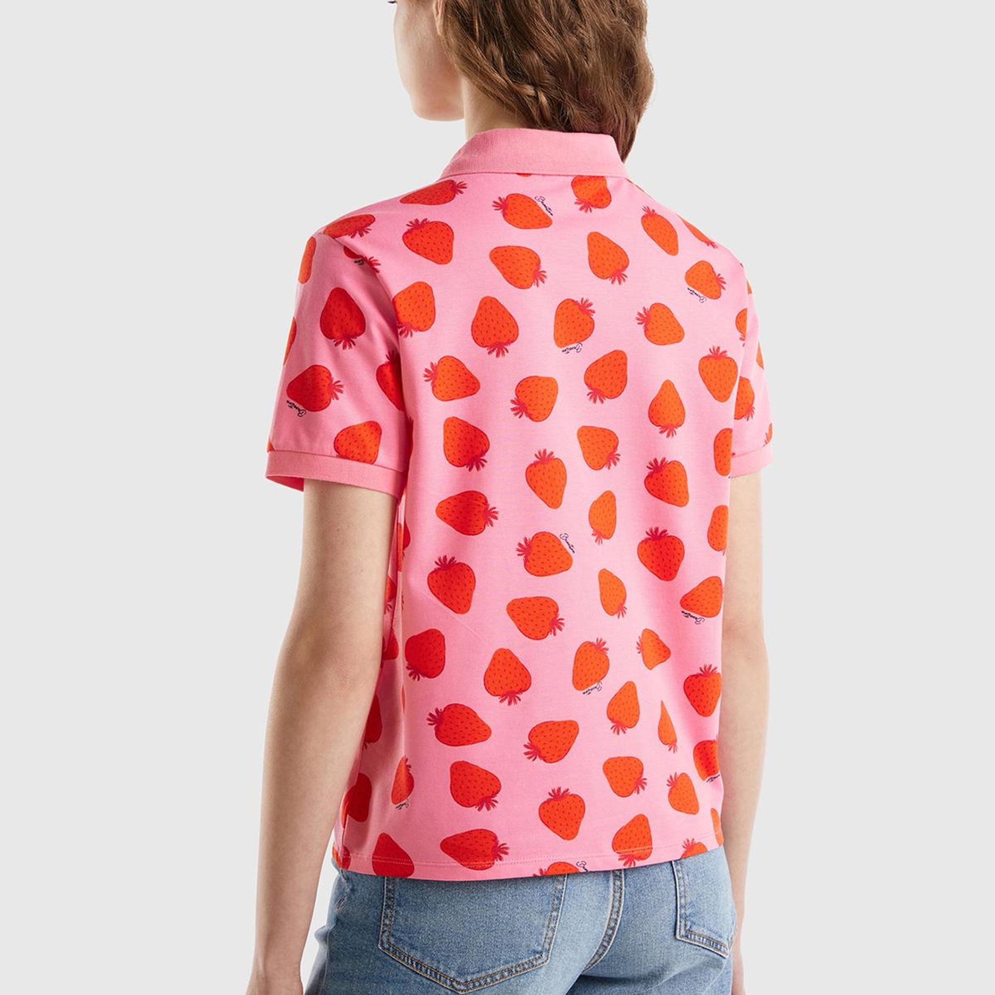 Kadın Pembe-Kırmızı Streç Pamuklu Göğsü Logo İşlemeli Tamamı Desenli Polo T-Shirt