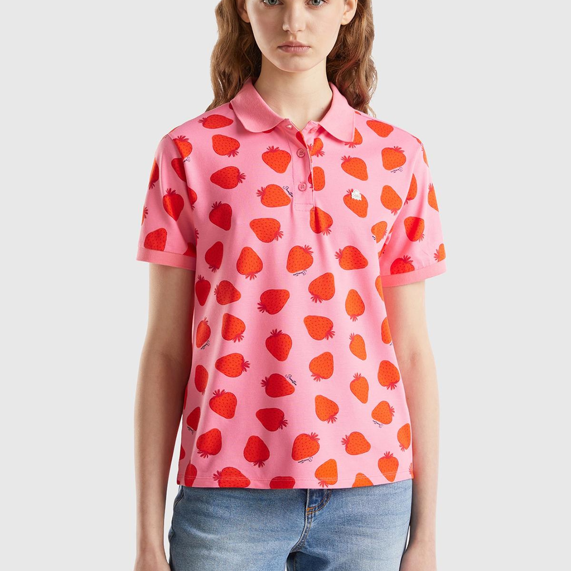 Kadın Pembe-Kırmızı Streç Pamuklu Göğsü Logo İşlemeli Tamamı Desenli Polo T-Shirt