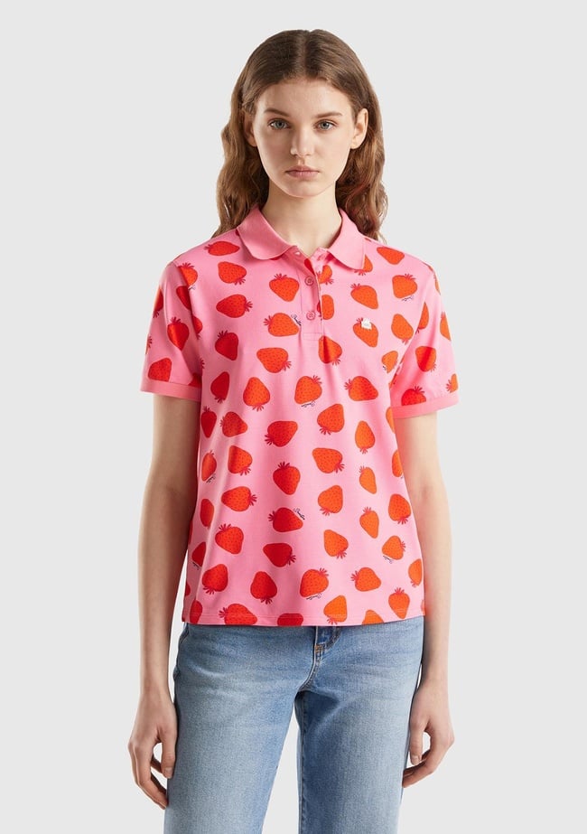  Kadın Pembe-Kırmızı Streç Pamuklu Göğsü Logo İşlemeli Tamamı Desenli Polo T-Shirt