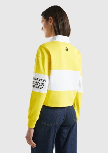  Kadın Sarı %100 Pamuk Logo Baskılı Renk Bloklu Polo Yaka Crop Sweatshirt