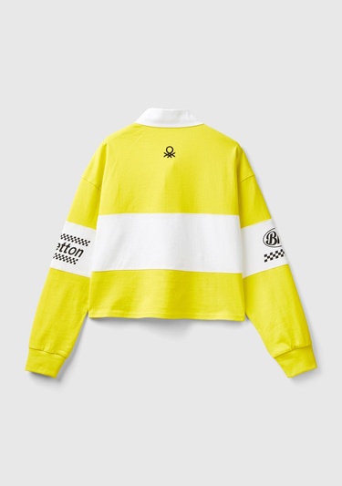  Kadın Sarı %100 Pamuk Logo Baskılı Renk Bloklu Polo Yaka Crop Sweatshirt