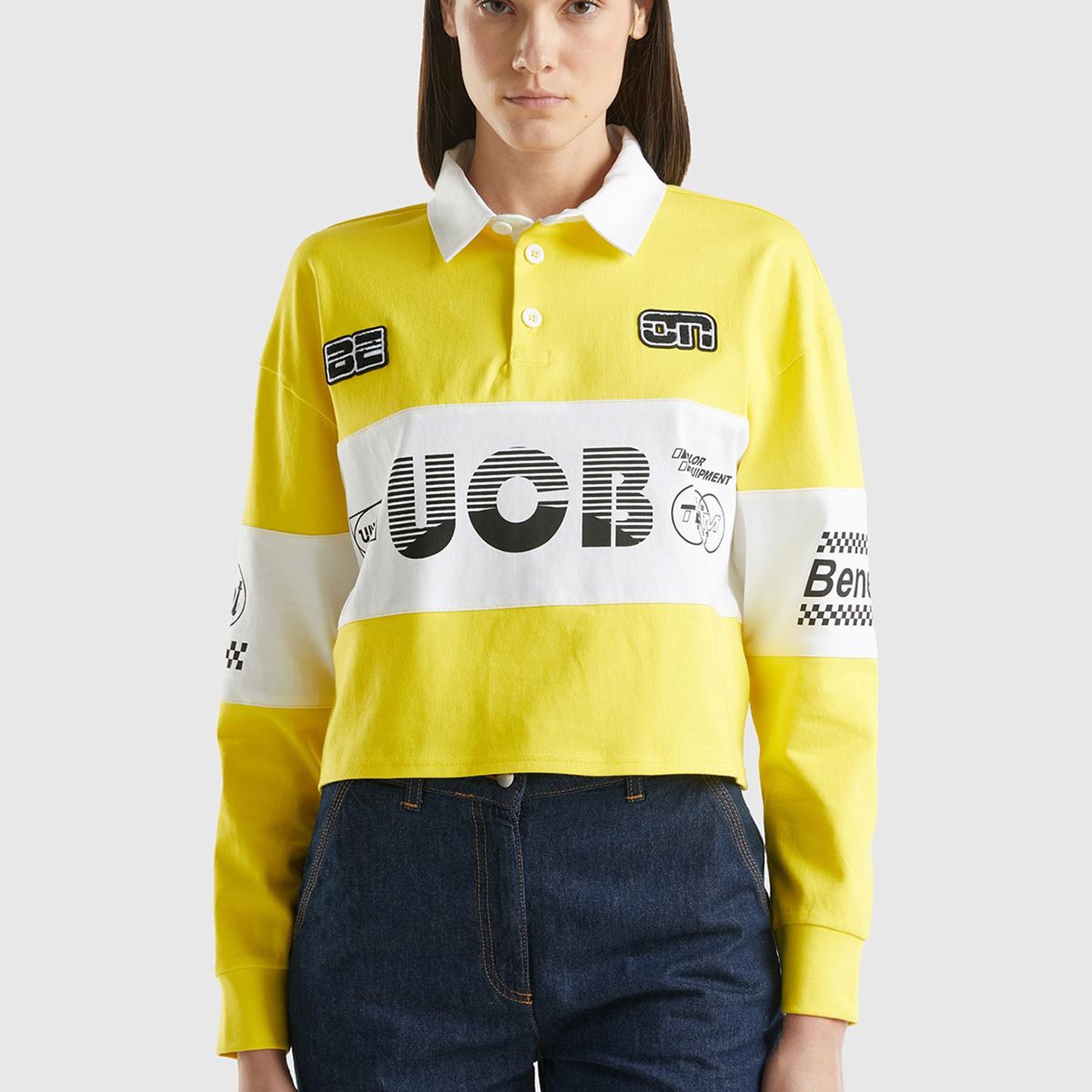 Kadın Sarı %100 Pamuk Logo Baskılı Renk Bloklu Polo Yaka Crop Sweatshirt