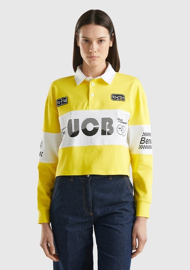  Kadın Sarı %100 Pamuk Logo Baskılı Renk Bloklu Polo Yaka Crop Sweatshirt