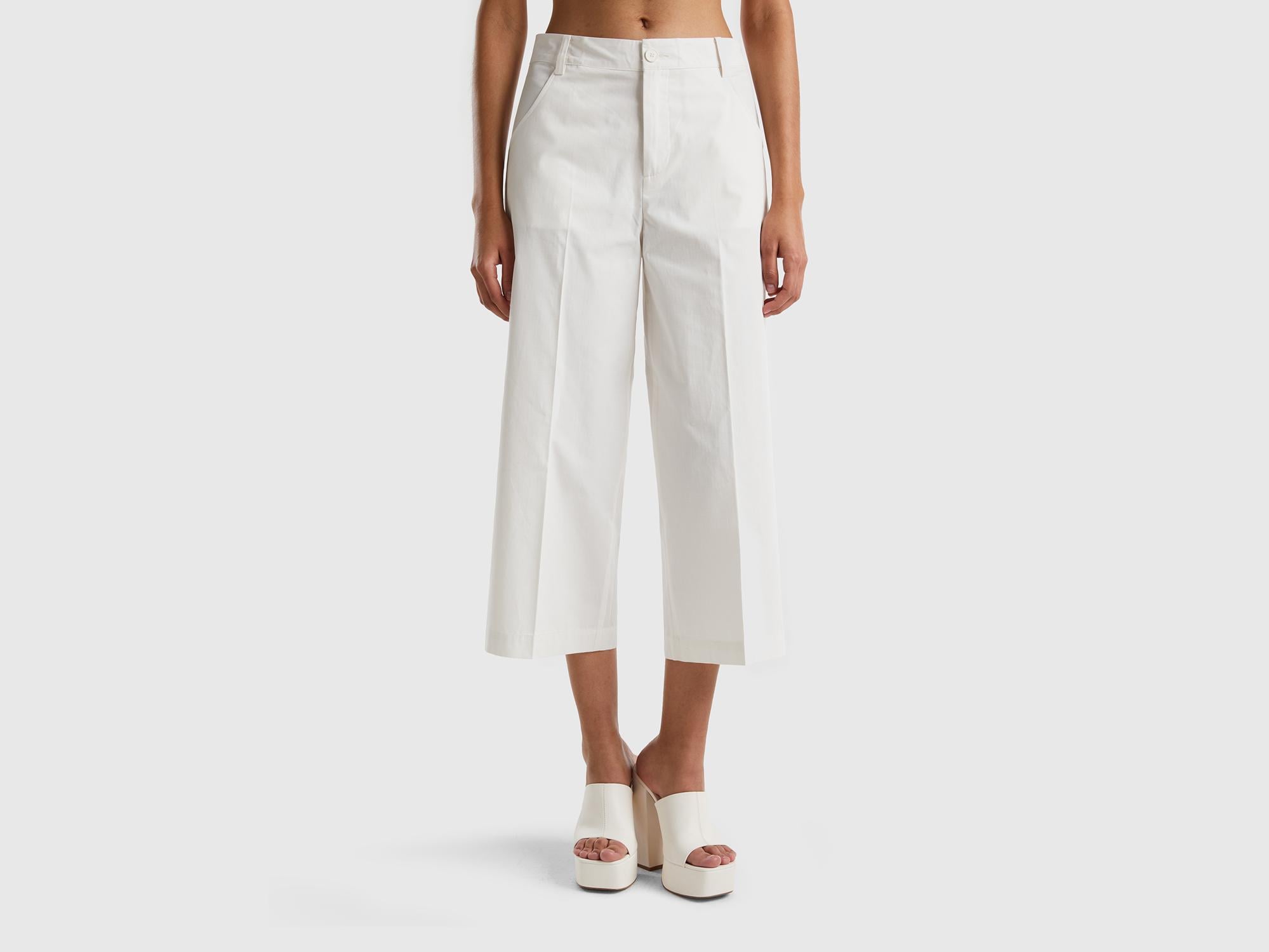  Kadın Krem %100 Koton Kısa Geniş Paça Pantolon