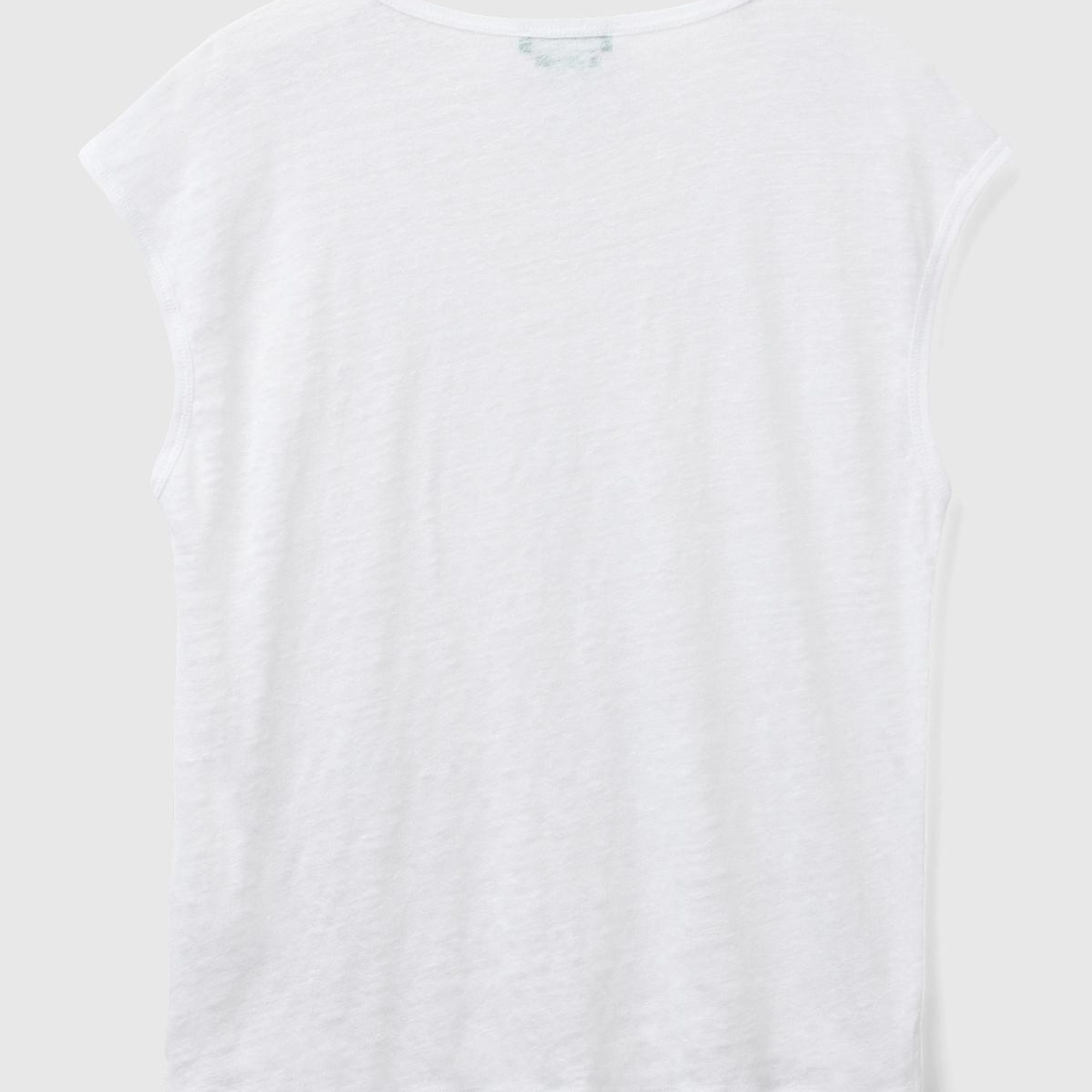 Kadın Beyaz %100 Keten Rahat Kalıp Geniş Bisiklet Yaka Kolsuz T-Shirt