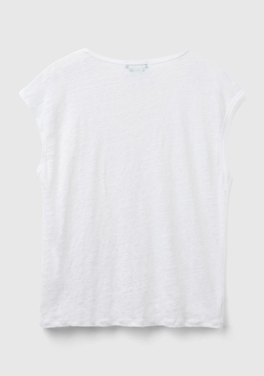  Kadın Beyaz %100 Keten Rahat Kalıp Geniş Bisiklet Yaka Kolsuz T-Shirt