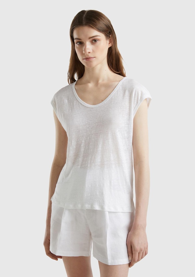  Kadın Beyaz %100 Keten Rahat Kalıp Geniş Bisiklet Yaka Kolsuz T-Shirt