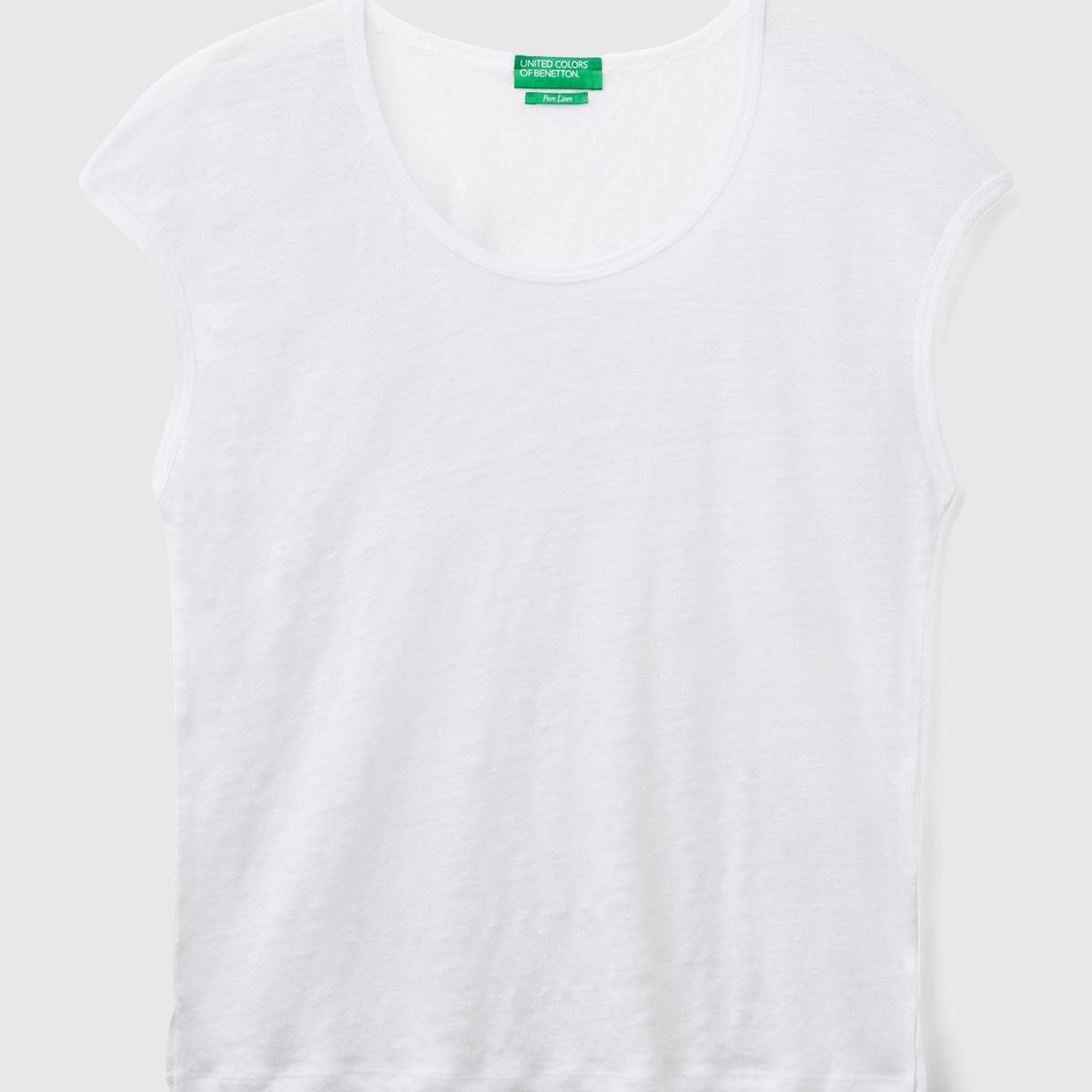 Kadın Beyaz %100 Keten Rahat Kalıp Geniş Bisiklet Yaka Kolsuz T-Shirt