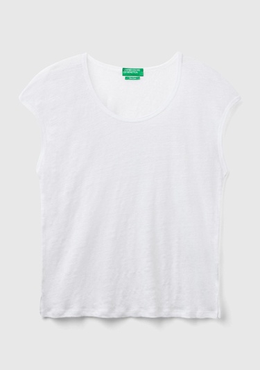  Kadın Beyaz %100 Keten Rahat Kalıp Geniş Bisiklet Yaka Kolsuz T-Shirt