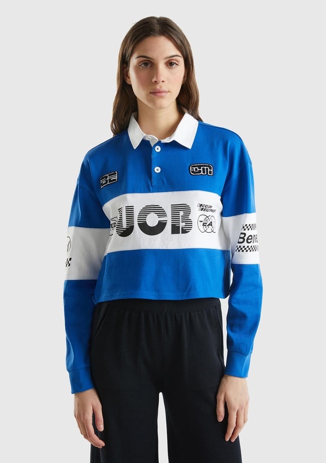  Kadın Saks Mavi %100 Pamuk Logo Baskılı Renk Bloklu Polo Yaka Crop Sweatshirt