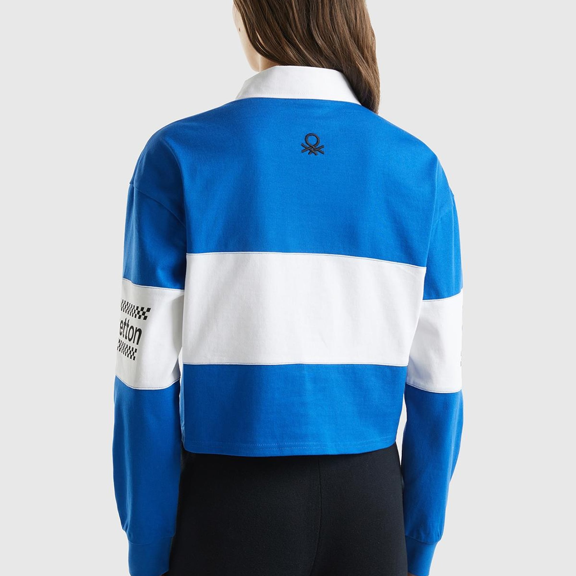 Kadın Saks Mavi %100 Pamuk Logo Baskılı Renk Bloklu Polo Yaka Crop Sweatshirt