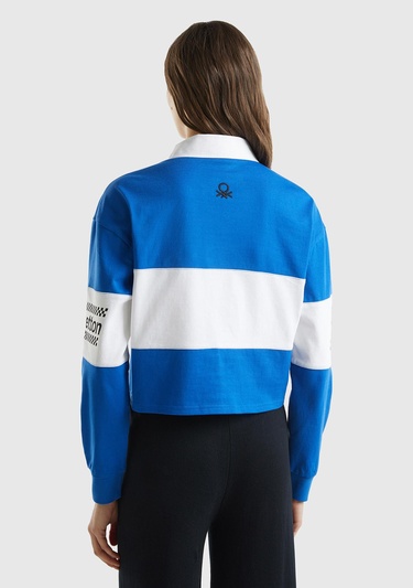  Kadın Saks Mavi %100 Pamuk Logo Baskılı Renk Bloklu Polo Yaka Crop Sweatshirt