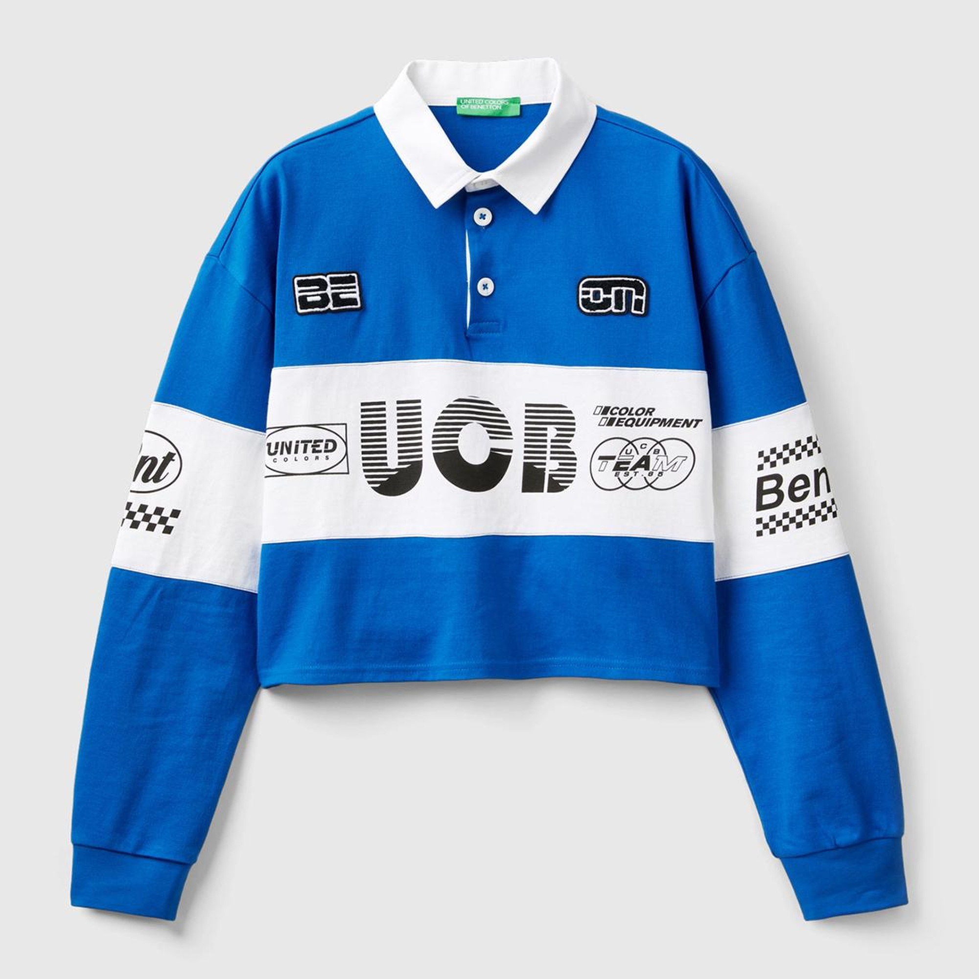 Kadın Saks Mavi %100 Pamuk Logo Baskılı Renk Bloklu Polo Yaka Crop Sweatshirt