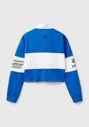  Kadın Saks Mavi %100 Pamuk Logo Baskılı Renk Bloklu Polo Yaka Crop Sweatshirt