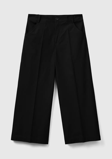 Kadın Siyah %100 Koton Kısa Geniş Paça Pantolon