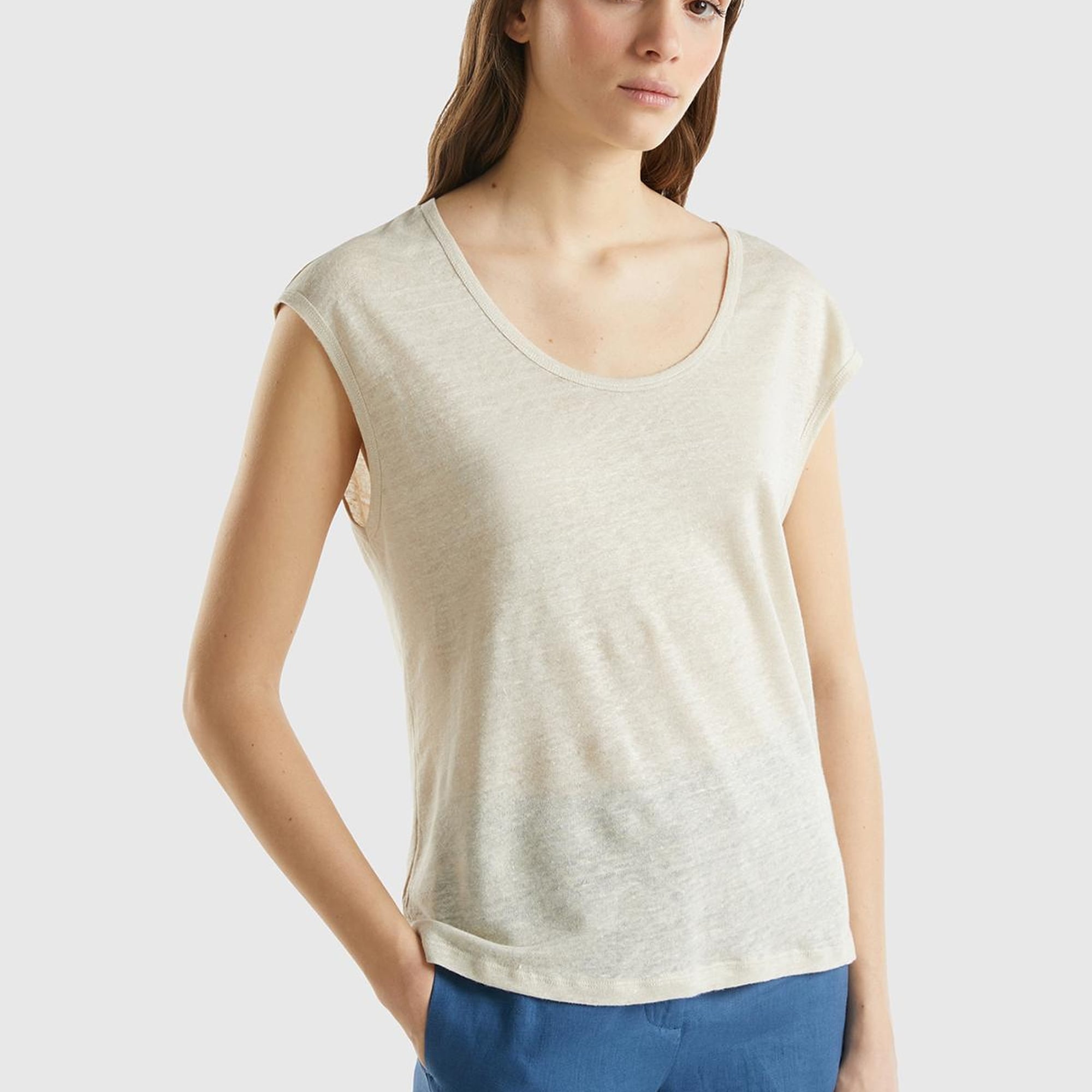 Kadın Bej %100 Keten Rahat Kalıp Geniş Bisiklet Yaka Kolsuz T-Shirt