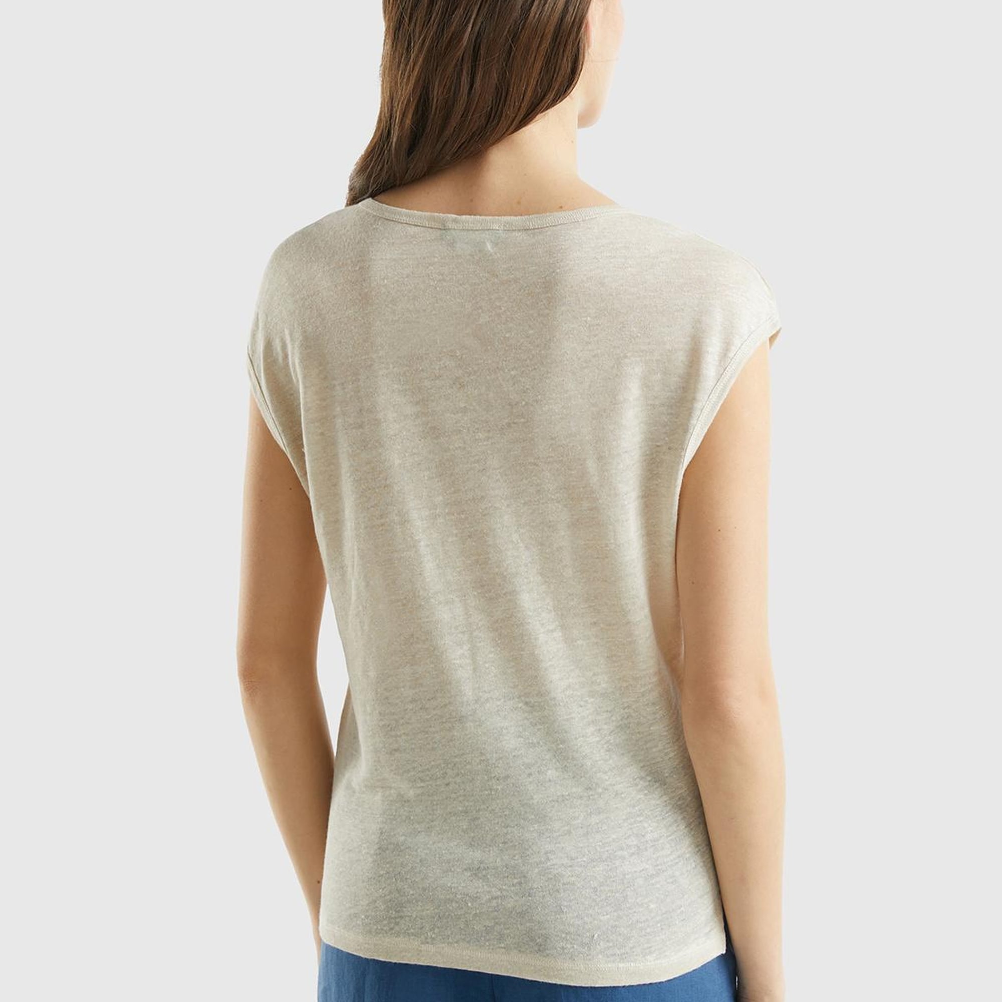 Kadın Bej %100 Keten Rahat Kalıp Geniş Bisiklet Yaka Kolsuz T-Shirt