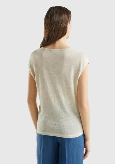  Kadın Bej %100 Keten Rahat Kalıp Geniş Bisiklet Yaka Kolsuz T-Shirt