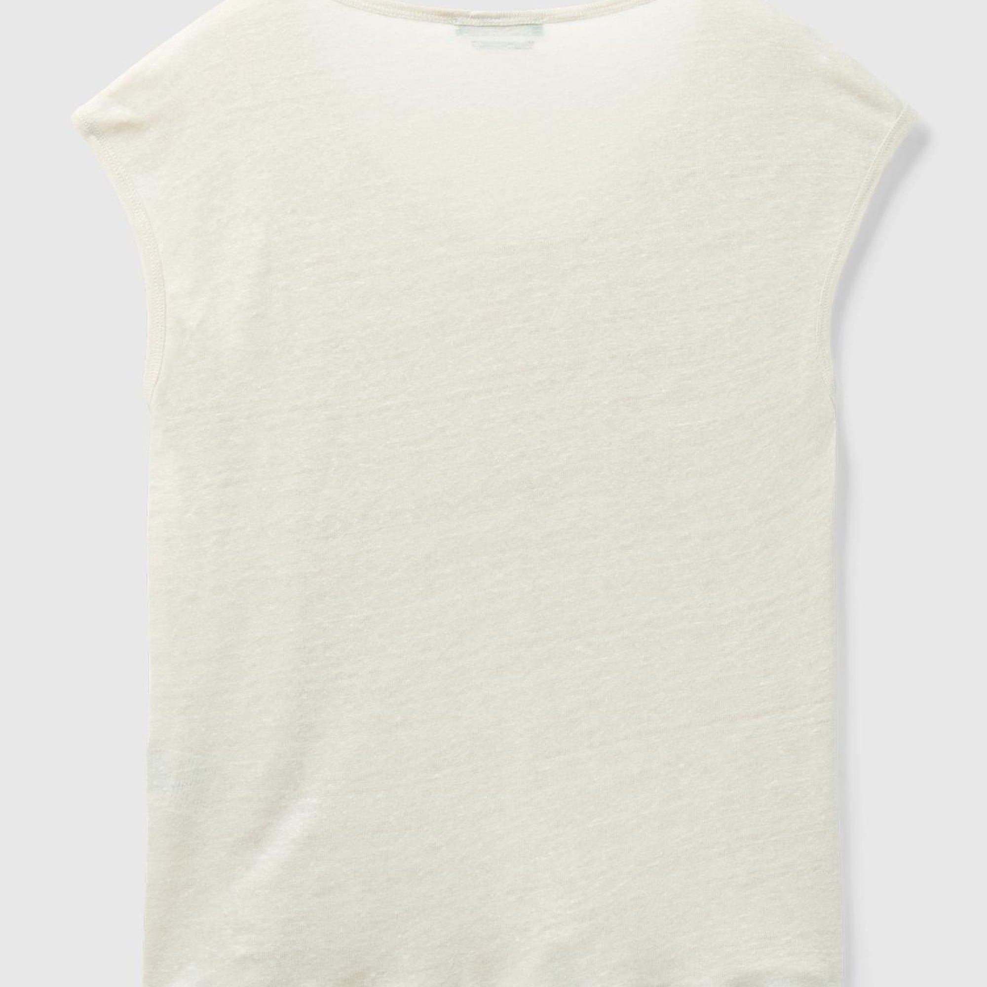 Kadın Bej %100 Keten Rahat Kalıp Geniş Bisiklet Yaka Kolsuz T-Shirt