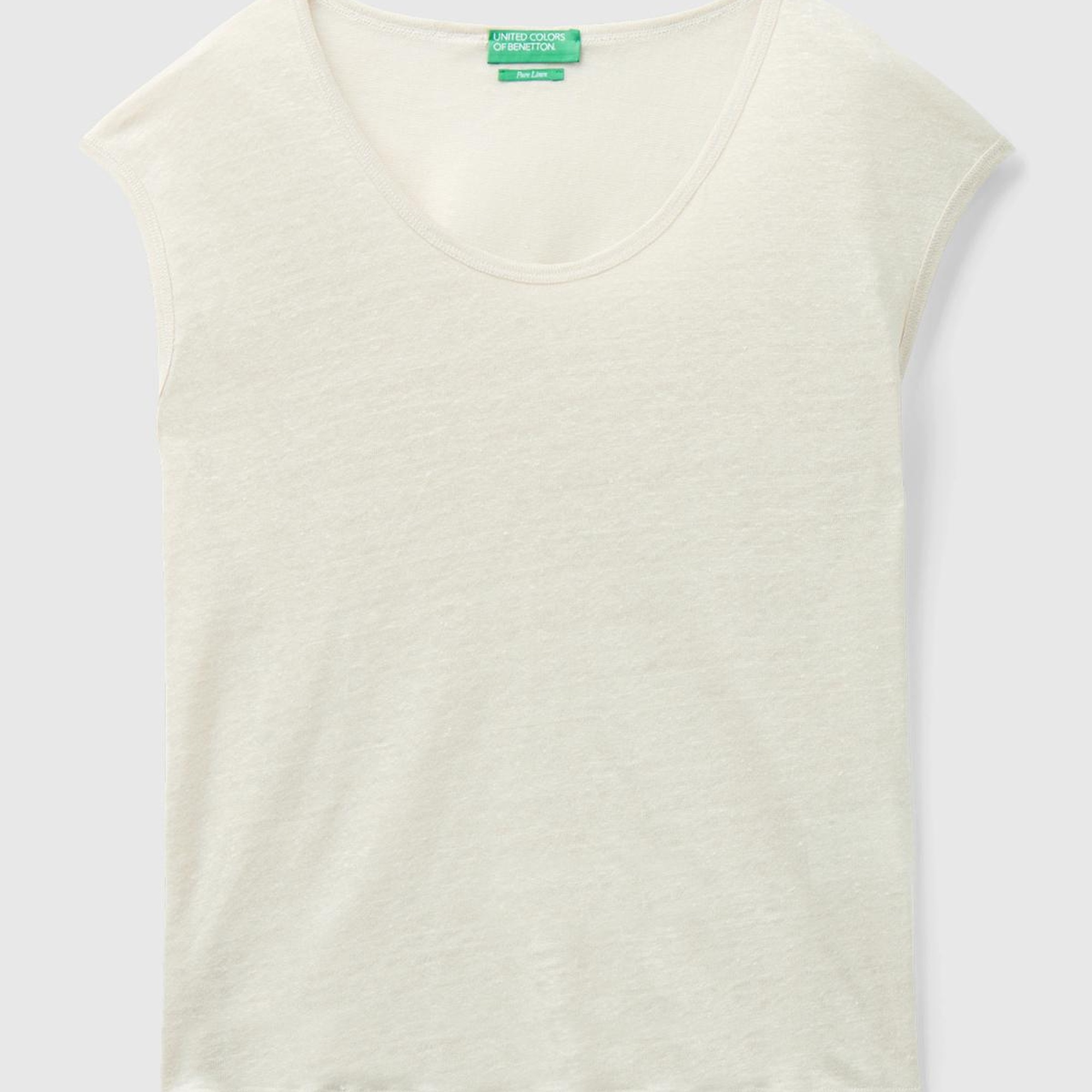 Kadın Bej %100 Keten Rahat Kalıp Geniş Bisiklet Yaka Kolsuz T-Shirt