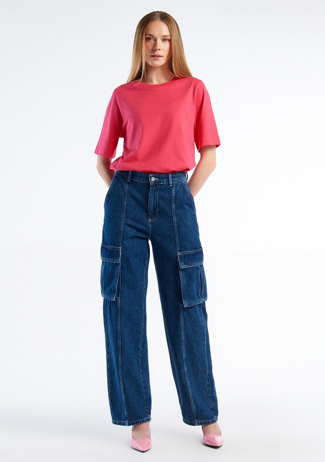  Kadın İndigo %100 Pamuk Arkası Logo Etiketli Yama Cepli Pantolon