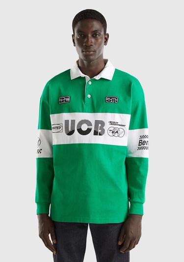  Unisex Yeşil %100 Pamuk Logo Baskılı Polo Yaka Sweatshirt