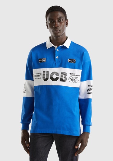  Unisex Saks Mavi %100 Pamuk Logo Baskılı Polo Yaka Sweatshirt