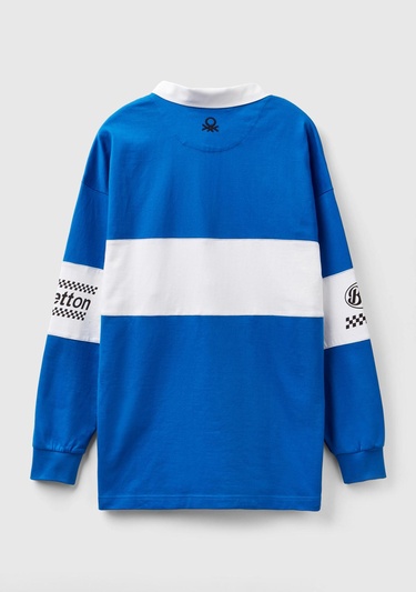  Unisex Saks Mavi %100 Pamuk Logo Baskılı Polo Yaka Sweatshirt