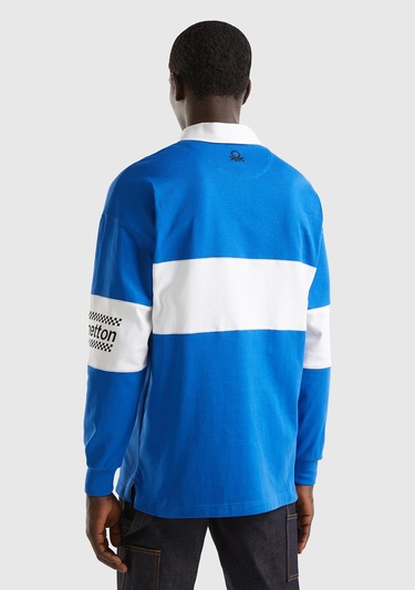  Unisex Saks Mavi %100 Pamuk Logo Baskılı Polo Yaka Sweatshirt