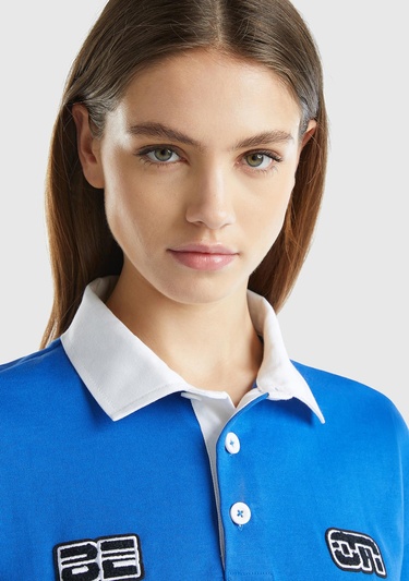  Unisex Saks Mavi %100 Pamuk Logo Baskılı Polo Yaka Sweatshirt