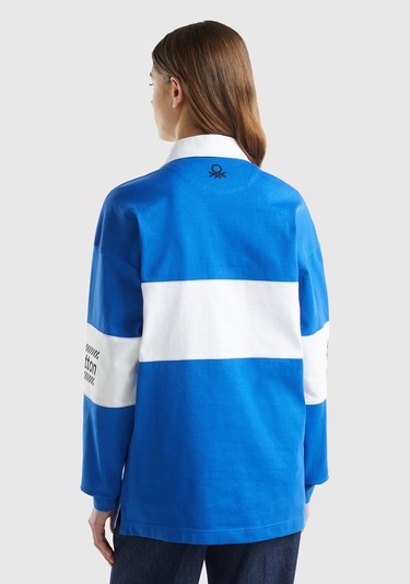  Unisex Saks Mavi %100 Pamuk Logo Baskılı Polo Yaka Sweatshirt