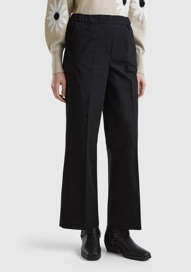  Kadın Siyah %100 Pamuk Beli Büzgülü Geniş Paça Pantolon