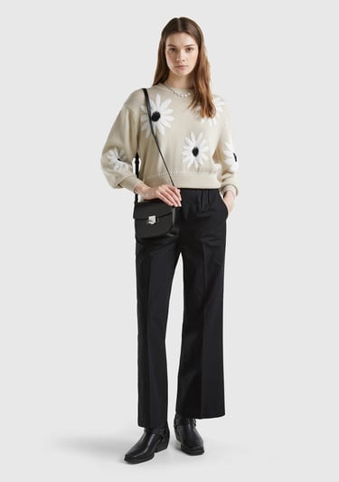  Kadın Siyah %100 Pamuk Beli Büzgülü Geniş Paça Pantolon