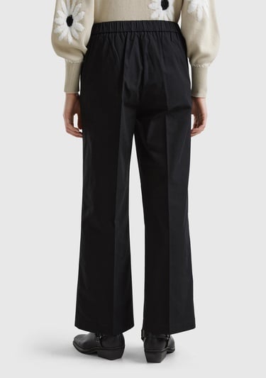  Kadın Siyah %100 Pamuk Beli Büzgülü Geniş Paça Pantolon
