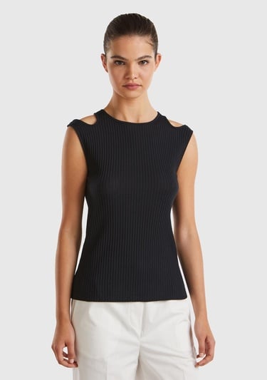  Kadın Siyah %100 Pamuk Omuzları Kesik Detaylı Ribanalı Atlet