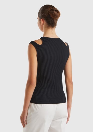  Kadın Siyah %100 Pamuk Omuzları Kesik Detaylı Ribanalı Atlet