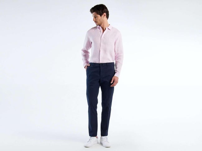  Erkek İndigo Önü Pileli Cebi Biyeli Slim Fit Chino Pantolon