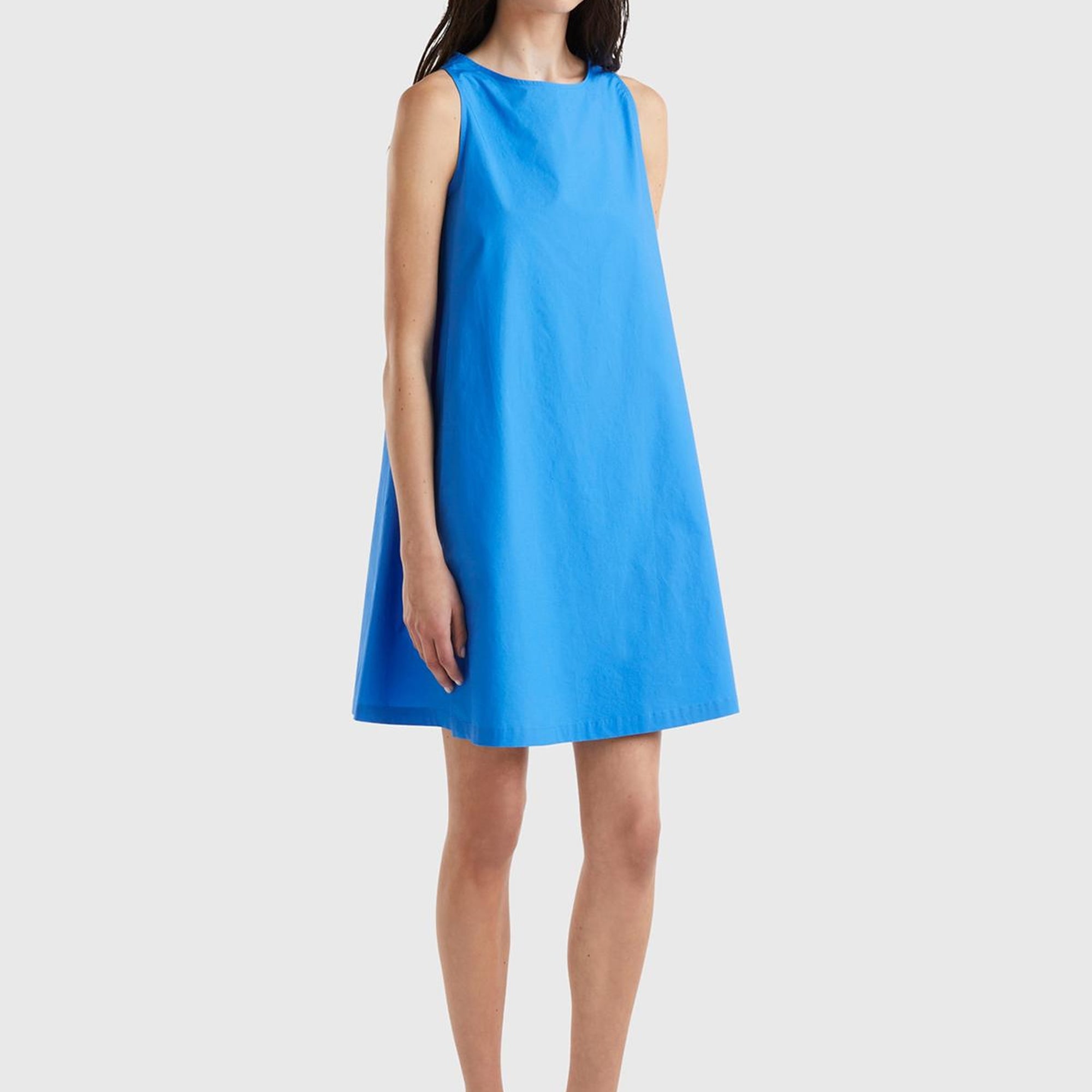 Kadın Mavi %100 Koton Kolsuz Midi Boy Elbise