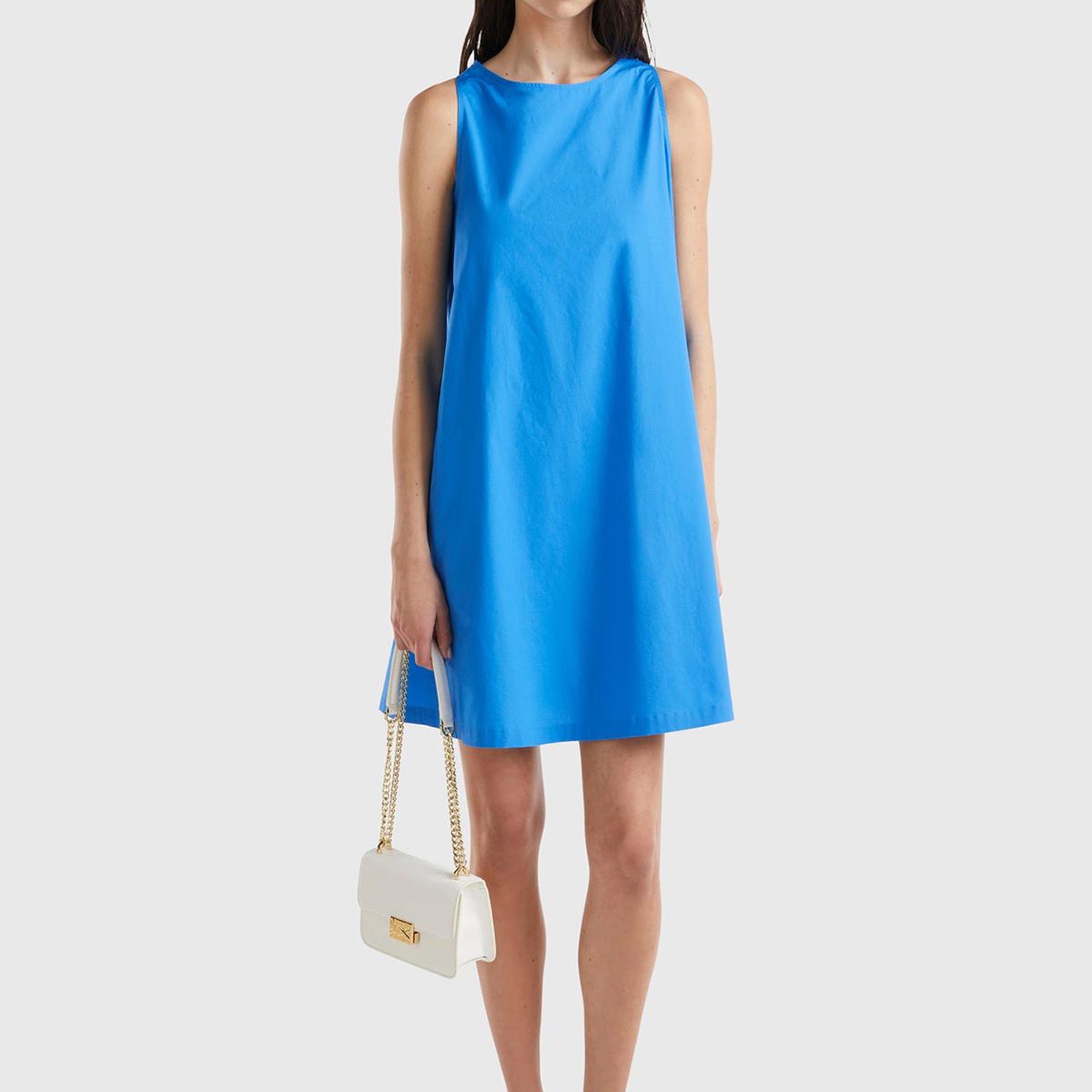 Kadın Mavi %100 Koton Kolsuz Midi Boy Elbise