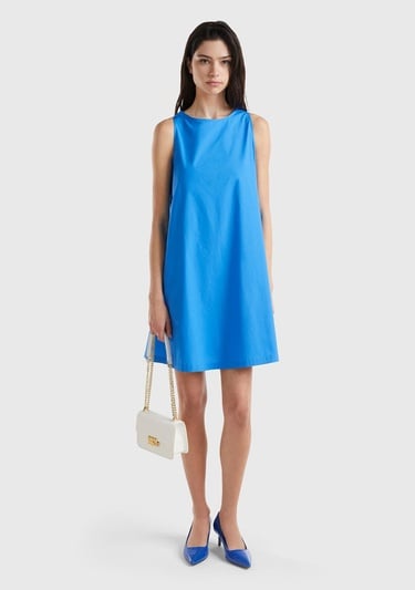  Kadın Mavi %100 Koton Kolsuz Midi Boy Elbise