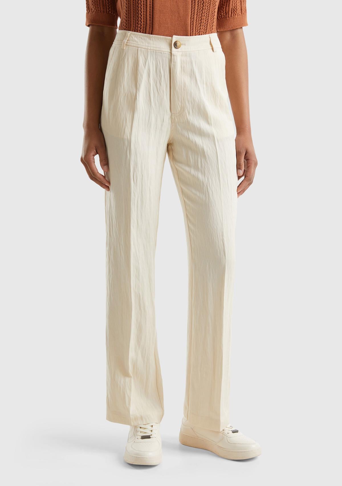  Kadın Bej Liyosel Karışımlı Çift Pileli  Pantolon