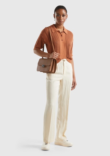  Kadın Bej Liyosel Karışımlı Çift Pileli  Pantolon